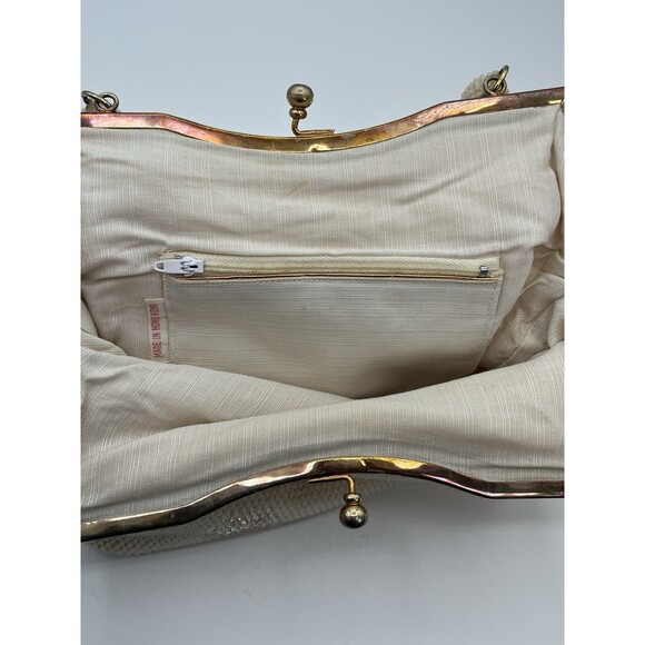 Vintage White Beaded Seed Pearl Pink Floral Purse Kiss Lock &‎ Lucite Trim Top - Picture 6 of 13